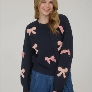 Navy Blue Sweater with Pink Velvet Bow Accents